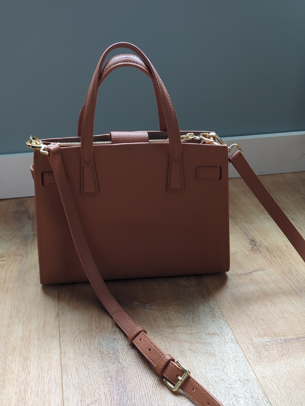 Quince Italian Leather Small Triple Compartment Tote Cognac Brown Crossbody Bag